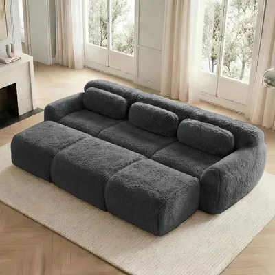 Produktbild von Modulares Schlafsofa 3-Sitzer mit 3 Ottomans, Flauschplüsch Stoff, weiches Polstersofa für Wohnzimmer