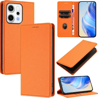 Produktbild von Litchi Leder Handyhülle für Oppo Reno14 Wallet Kartenfächer Standfunktion Hülle Orange