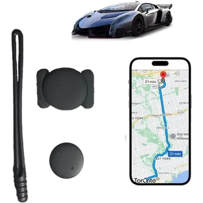 A collection of items including a toy car, GPS tracker components, and a smartphone displaying a navigation app.
