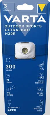 Produktbild von Varta ULTRALIGHT H30R, Stirnband-Taschenlampe, Weiß, Ladend, IPX4, LED, 3 W