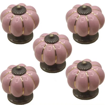 Produktbild von Set mit 5 farbenfrohen Halloween-Kürbis-Keramik-Schrankknöpfen, Kommodenschubladengriffen, Möbelgriffen (rosa)