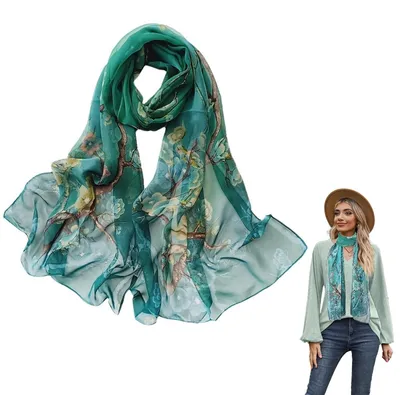 Image de Écharpe en mousseline pour femmes - Motifs floraux - Vert - Taille unique