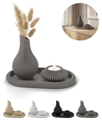 Produktbild von Vase geriffelt Japandi mit Tablett und LED Teelichthalter, Deko Set Wohnzimmer – Grau