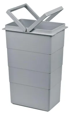 A light gray, stackable trash bin insert with a hinged lid and two handles.