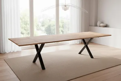 Produktbild von Esstisch Baumkante Akazie natur 220(320)x100 Ansteckplatten X-Gestell schwarz AVINO