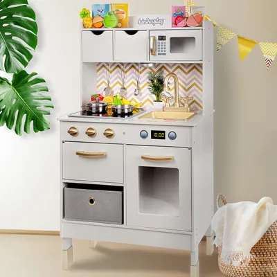 Produktbild von Kinderküche, Spielküche Holz - Kinderküche Holz, Küchenspielzeug mit echtem Licht und Geräuschen, Zubehör aus Edelstahl, Kinderplay GS0059-1