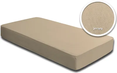 A beige fitted sheet on a white background.