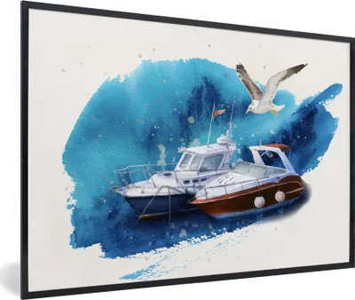 Produktbild von MuchoWow® MuchoWow® Gerahmtes Poster Boot - Vogel - Meer 30x20 cm - Poster mit zchwarzem Bilderrahmen - Kunstdruck - Bild-Poster