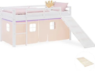Image de Lit superposé 90x200 cm avec Toboggan Sommier Lit mezzanine en Bois Pin Massif Lit d'enfant Rideau Violet Pêche
