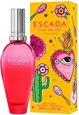 A perfume bottle and its box are displayed side-by-side against a white background. The box features a vibrant, colorful design with illustrations of flowers, a cactus, and a heart with an eye.