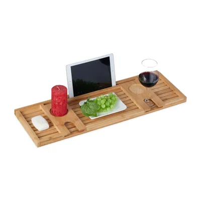 Image de Relaxdays : tablette de baignoire en bambou, 73,5 cm de large, avec porte-verre et porte-tablette, tablette de baignoire, couleur naturelle
