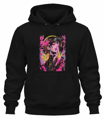 Produktbild von Anime Girl Japanisch Manga Cyberpunk Japan Y2K Otaku Hoodie Kapuzenpullover, Schwarz, S