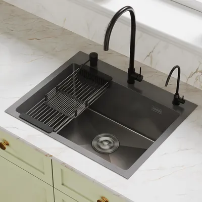 Produktbild von DeerValley Edelstahl Küchenspüle 55x45x20cm mit Nano-Beschichtung,Überlauf,Pop-Up Abfluss,ausziehbarer Abtropfkorb,Armatur Set und komplettem Zubehör