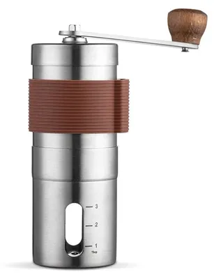 Obrázek produktu pro Ruční mlýnek na kávu Zimilo z nerezové oceli, keramický mlecí mechanismus, nastavitelný v rozsahu 360°, přenosný, protiskluzový, omyvatelný, se stupnicí, hnědý