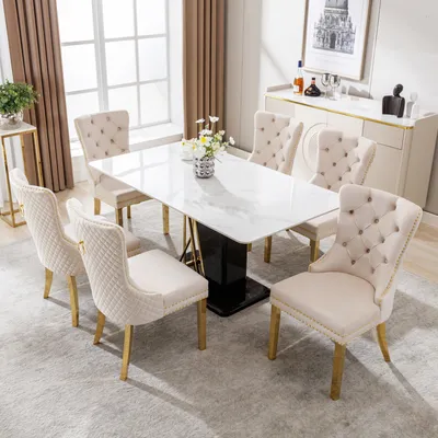 Produktbild von Flieks Esszimmerstühle 6er Sets, Wohnzimmerstühle Küchenstühle mit Edelstahlbeinen, Polsterstühle Stühle mit Rückenlehne, Samtbezug, Beige
