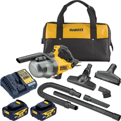 A DeWalt cordless vacuum cleaner kit with accessories, batteries, charger, and a carrying bag, displayed on a white background.