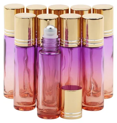 Immagine prodotto di Set di 10 flaconi ricaricabili in vetro per rollerball – Capacità di 10 ml – Sfera in acciaio inossidabile – Tappo dorato – Ideali per profumi/aromaterapia – Flaconi per rollerball