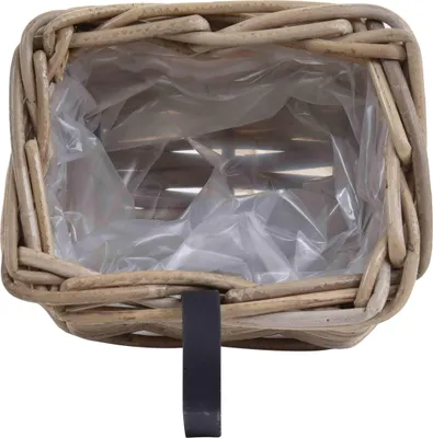 Produktbild von KRINES HOME Balkonkorb Grau Balkon Geländer Pflanz-Korb Blumen-Topf Natur Rattan Balkonkasten Pflanzgefäß mit Folie (1, Rechteckig klein)