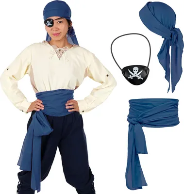 Produktbild von Piraten Kostüm Set mit Kopftuch, Piratenschärpe & Augenklappe | Blau