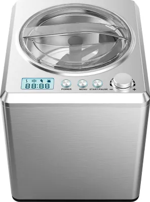 A silver ice cream maker with a clear lid and a digital display on a white background.