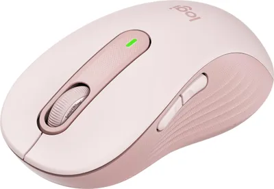 A pink Logitech mouse is shown from a slightly elevated angle against a white background.