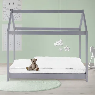 Obrázek produktu pro ML-Design dětská postel 80x160 cm se stříškou a roštovým rámem, světle šedá, domácí postel z masivního borovicového dřeva podlahová postel dřevěná postel postel pro mládež postel na hraní stan