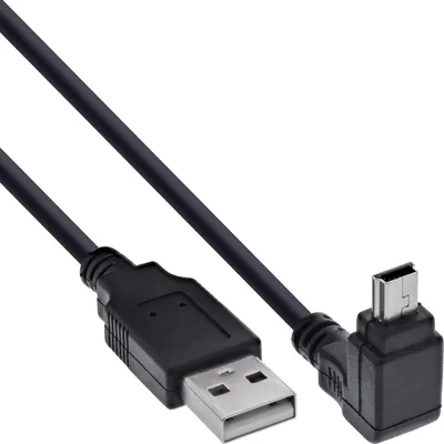 Produktbild von InLine USB 2.0 Mini-Kabel, ST A/Mini-B ST (5pol) oben abgew. 90°, schwarz, 1,5m, 1,5 m, USB A, Mini-USB B, USB 2.0, Männlich/Männlich, Schwarz