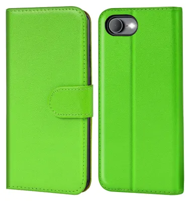 A bright green book-style phone case is shown from two angles.