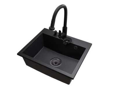 Produktbild von Granitspüle EXCLUSIVE 55 mit schwarzem Siphon, Küchenarmatur und Seifenspender