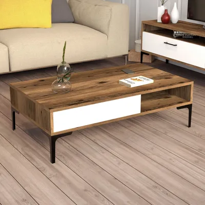 Zdjęcie produktu dla Skye Decor, nowoczesny stolik kawowy, orzech i biel, 105 x 60 x 32,6 cm | 100% płyta wiórowa pokryta melaminą, grubość 18 mm | Eleganckie metalowe nogi, wysokość 17 cm, idealny do każdego salonu.