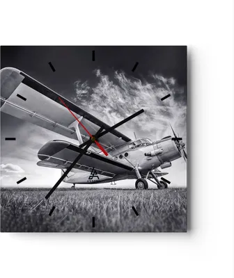 Produktbild von Wanduhr - Quadrat - Glasuhr - Flugzeug An-2 Schwarzweiß - 30x30cm - Schleichendes Uhrwerk - Lautlos - zum Aufhängen bereit - Dekoration Modern - Wanddekoration aus Glas - C3AC30x30-4363