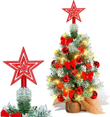 Productafbeelding van Eikuavons Mini kerstboom, kunstboom met LED-lichtketting, tafeldecoratie met kerstballen en lint, 40 cm, rood