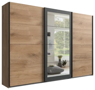 Produktbild von Schwebetürenschrank >EXTER< PLANKENEICHE Nachbildung + GRAPHIT + SPIEGEL - 270x208x65 (BxHxT)