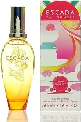 A bottle of Escada Taj Sunset perfume and its packaging are displayed side-by-side against a white background.