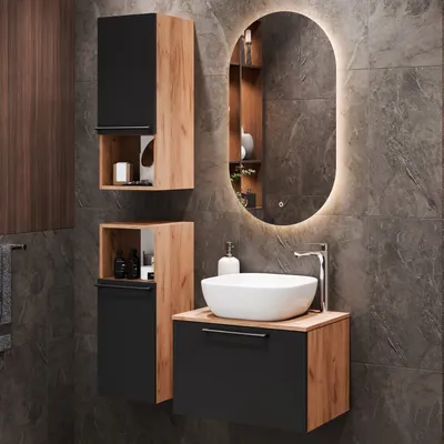 Produktbild von Planetmöbel Waschtischunterschrank Astra 60 cm Gold Eiche/Anthrazit mit weißem Waschbecken und 2x Midischrank