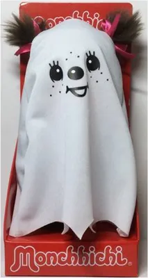 A Monchhichi plush toy dressed as a friendly ghost, presented in its retail packaging.