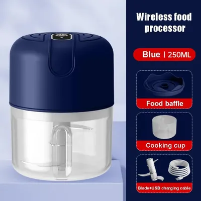 Produktbild von Elektrischer Mini-Zerkleinerer 250 ml, 3 Edelstahlklingen, USB-Akku, für Knoblauch, Ingwer, Chili, Zwiebeln & Fleisch - Blau