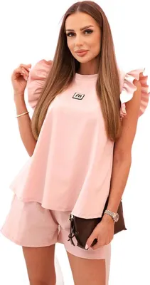 Immagine prodotto di Set da donna rosa cipria scuro con volant sulle spalle e pantaloncini