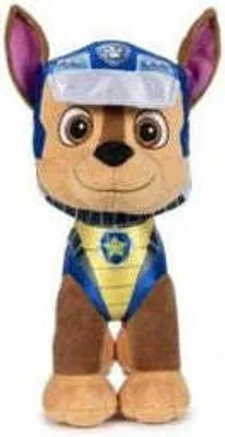 A stuffed toy dog, Chase from Paw Patrol, standing upright.