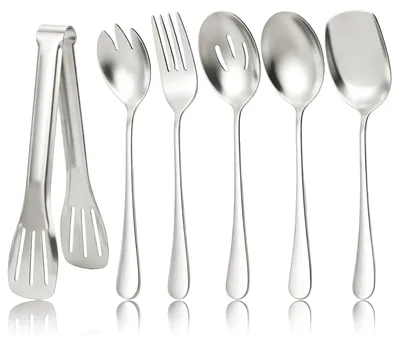 6-teiliges Edelstahl-Besteckset mit Schlitzlöffel und Zange