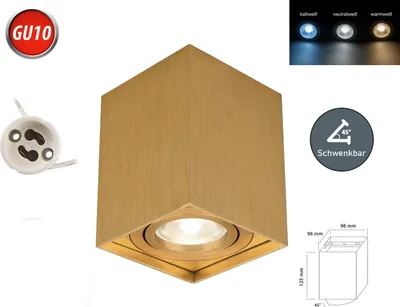 Produktbild von Deckenleuchte GAMA-SS Aufbaustrahler Aufputz 96x96mm Strahler Schwenkbar 45° Eckig Gold aus Aluminium mit Fassung GU10 5W LED Leuchtmittel Kaltweiß