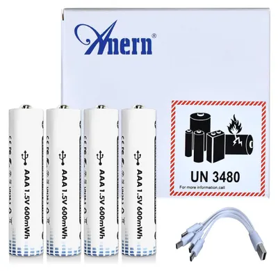 Obrázok produktu pre Anern, opakovateľne dobíjateľné lítiové batérie AAA, 4 kusy, batérie AAA, USB-C, 1,5 V