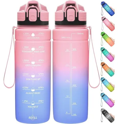 Zdjęcie produktu dla Butelka sportowa z oznaczeniem czasu, pojemność 1000 ml, wolna od BPA, wykonana z tritanu, szczelna, w jasnoróżowo-niebieskim kolorze