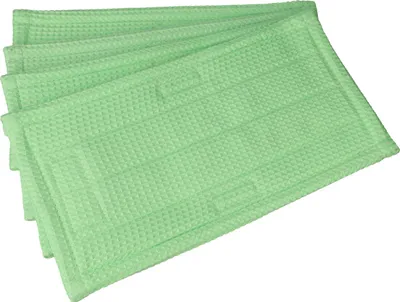 A stack of light green microfiber cleaning cloths.