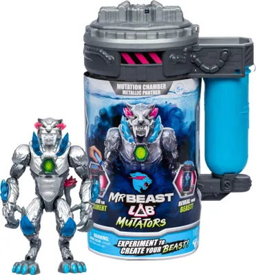 A MrBeast Lab Mutators Metallic Panther toy figure and its packaging are displayed against a white background.