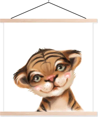 Produktbild von MuchoWow® Textilposter Tiger - Kinder - Weiß 120x120 cm mit holzfarbenen Rahmen - Textil-Poster