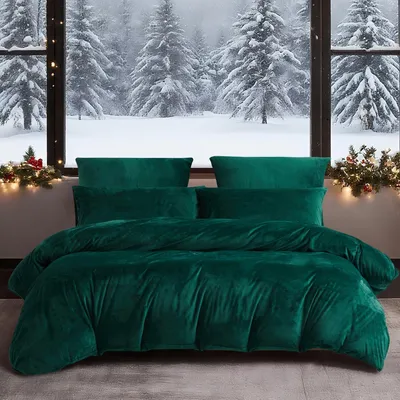 Immagine prodotto di Set di lenzuola invernali, 4 pezzi, 135x200 cm, verde scuro, in microfibra peluche, con cerniera