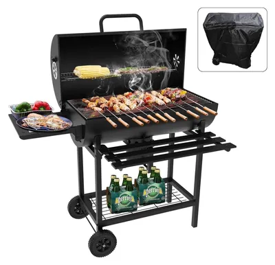 Produktbild von Holzgrillwagen, XXL-Holzkohlegrill mit Deckel, Thermometer und Ascheauffangschublade