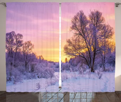 Produktbild von ABAKUHAUS Winter Rustikaler Vorhang, Landschaft mit Sonnenuntergang, Wohnzimmer Universalband Gardinen mit Schlaufen und Haken, 280 x 260 cm, Rosa Weiß