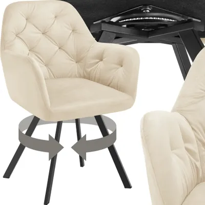 A cream-colored armchair with tufted upholstery is shown from multiple angles, with arrows indicating its swivel feature.